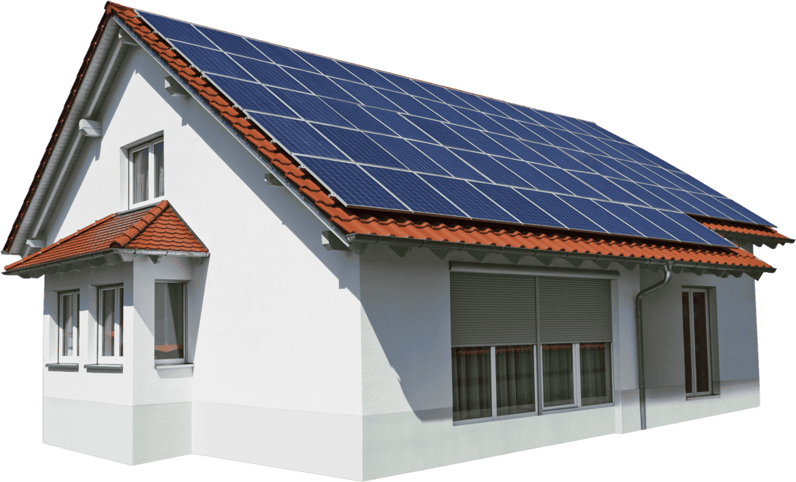 Freigestelltes Einfamilienhaus mit mehreren Solarpaneelen auf dem Dach